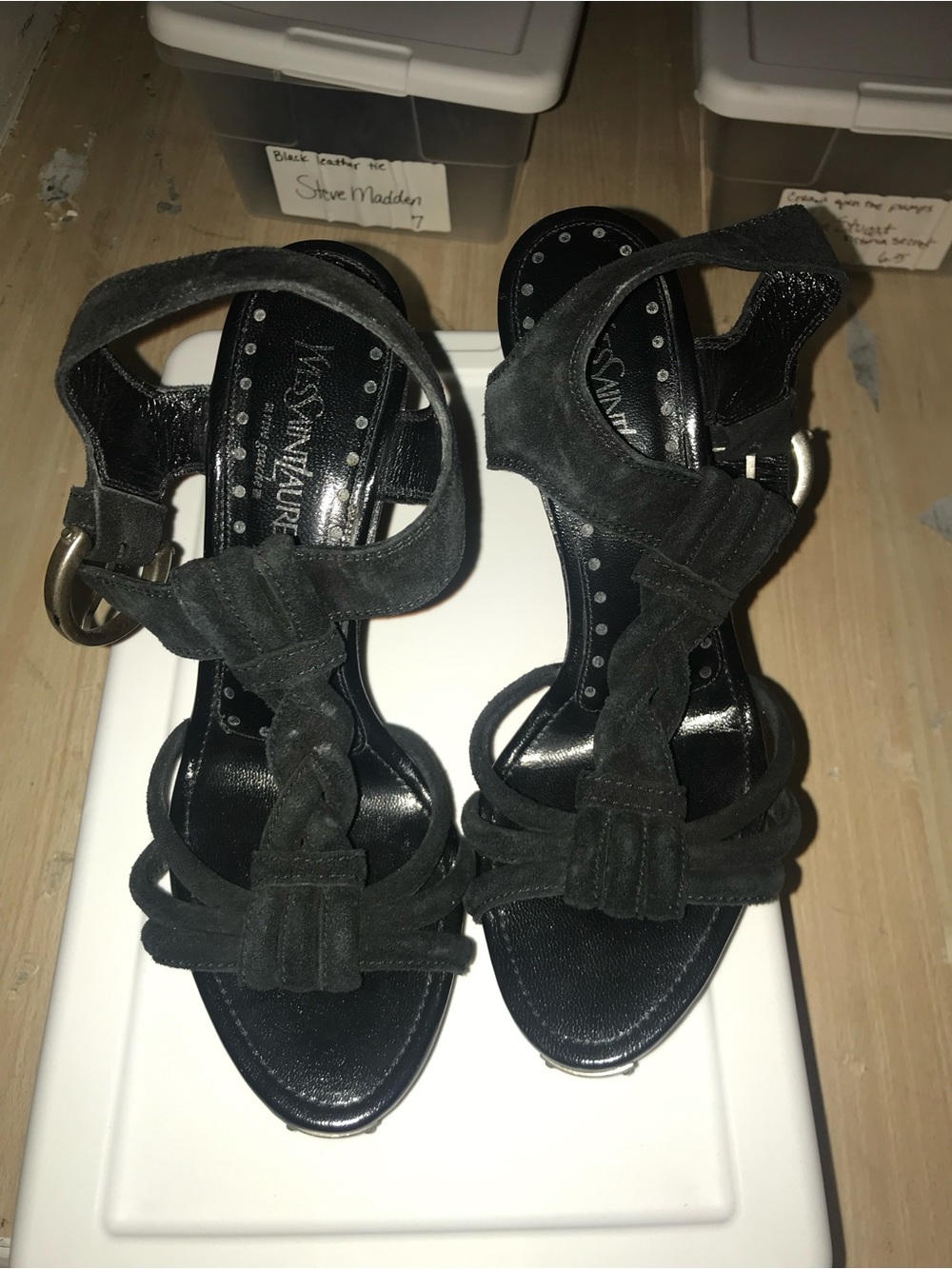 Vintage Yves Saint Laurent Black Suede Braided Ankle-Strap Heels